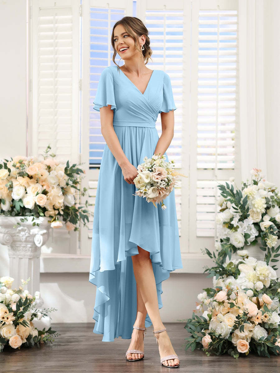 V-Neck A-Line Princess Short Sleeve Asymmetrical Ruched Chiffon Bridesmaid Dress