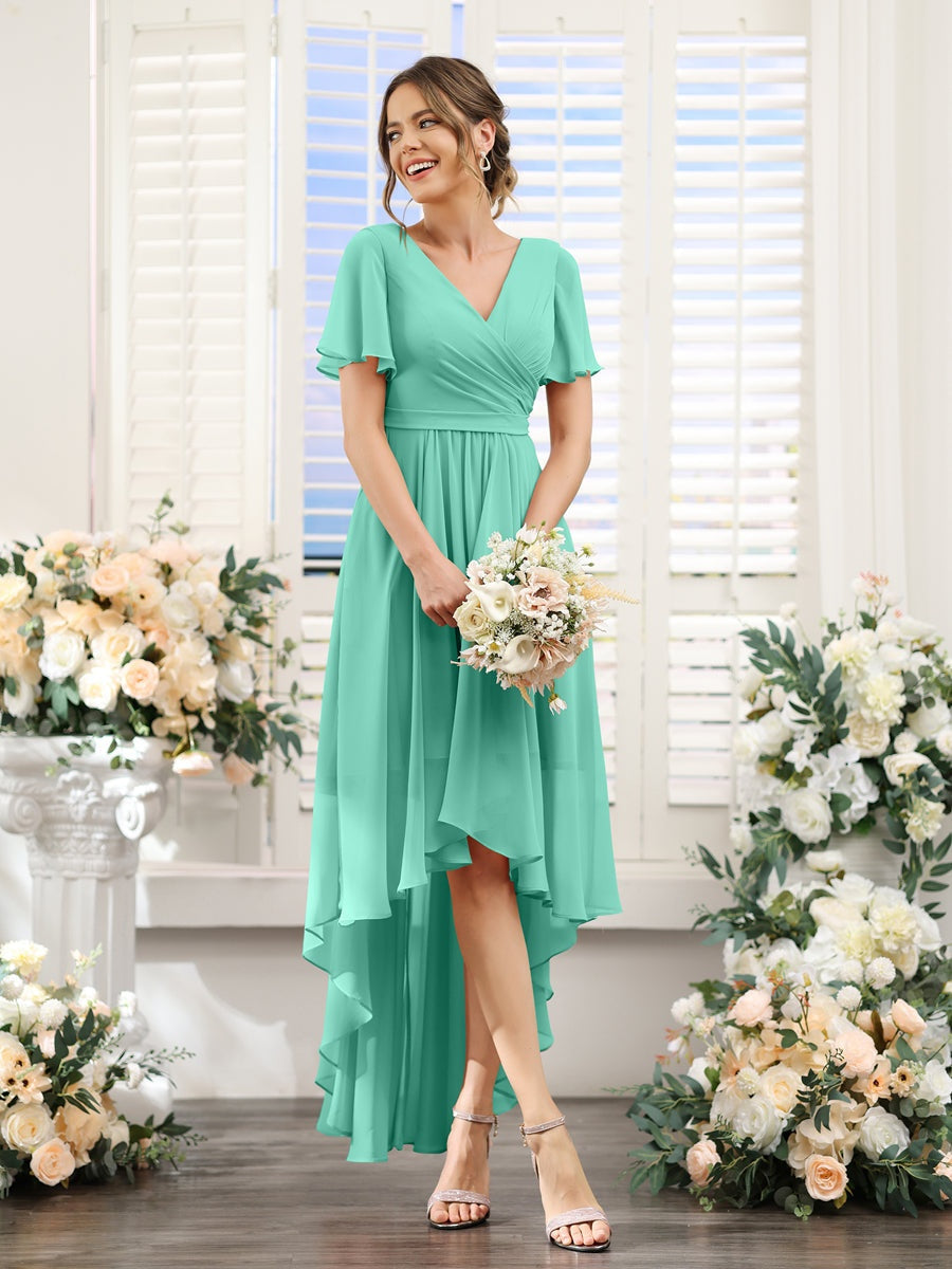 V-Neck A-Line Princess Short Sleeve Asymmetrical Ruched Chiffon Bridesmaid Dress