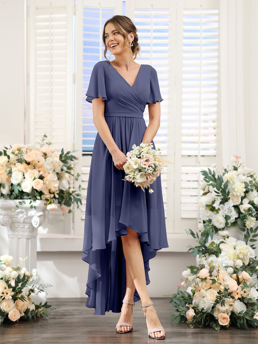 V-Neck A-Line Princess Short Sleeve Asymmetrical Ruched Chiffon Bridesmaid Dress