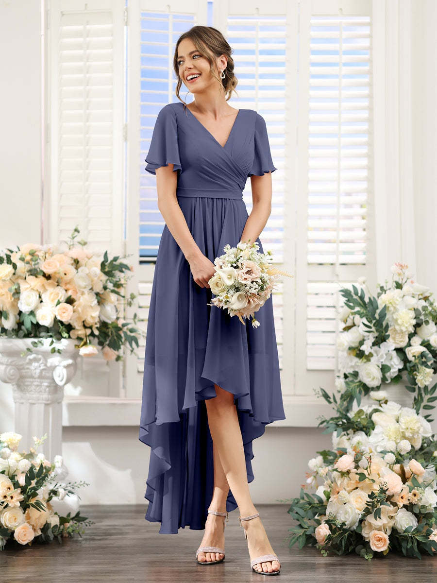 V-Neck A-Line Princess Short Sleeve Asymmetrical Ruched Chiffon Bridesmaid Dress