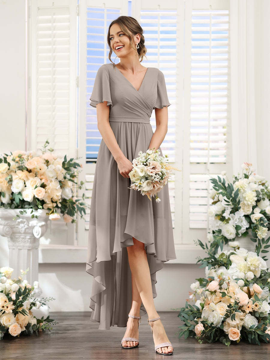 V-Neck A-Line Princess Short Sleeve Asymmetrical Ruched Chiffon Bridesmaid Dress