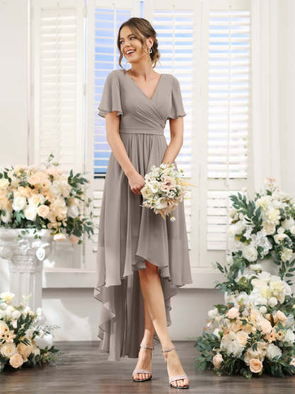 V-Neck A-Line Princess Short Sleeve Asymmetrical Ruched Chiffon Bridesmaid Dress