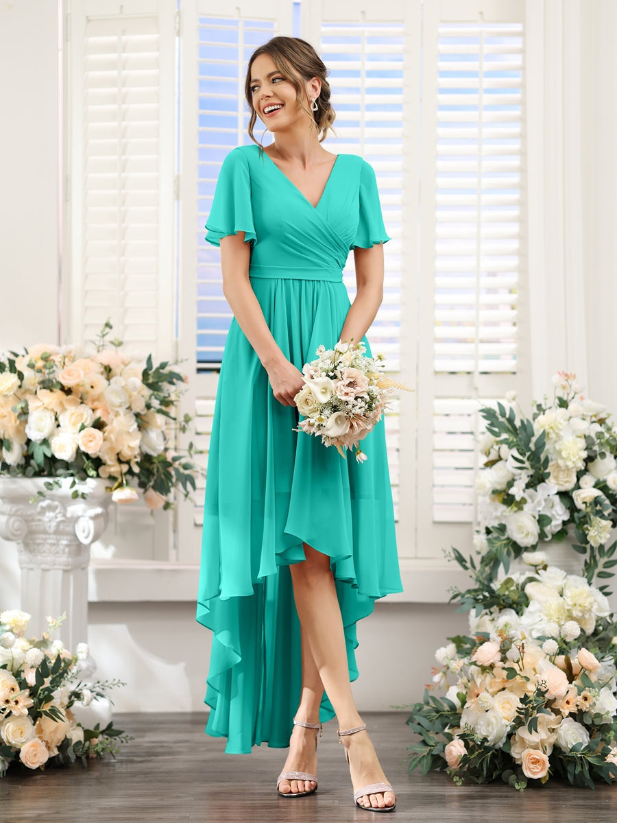 V-Neck A-Line Princess Short Sleeve Asymmetrical Ruched Chiffon Bridesmaid Dress