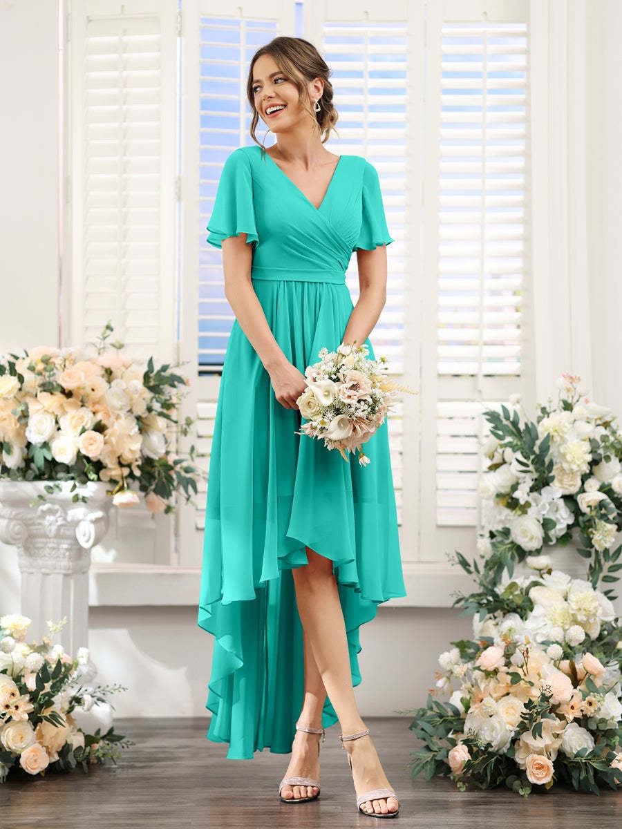 V-Neck A-Line Princess Short Sleeve Asymmetrical Ruched Chiffon Bridesmaid Dress