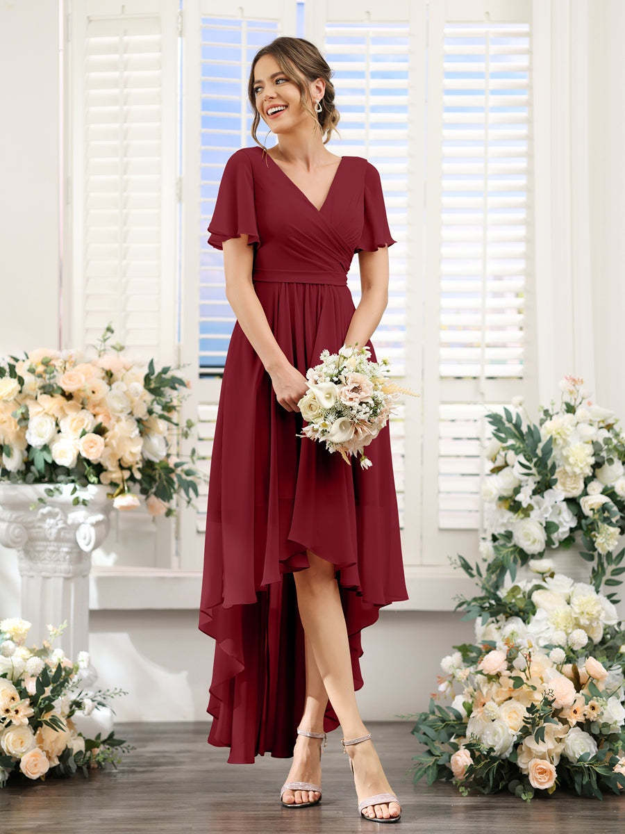 V-Neck A-Line Princess Short Sleeve Asymmetrical Ruched Chiffon Bridesmaid Dress
