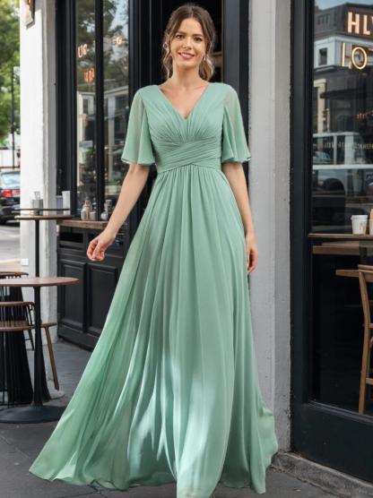 V-Neck A-Line Chiffon Bridesmaid Dress with Half Sleeves, Side Split, and Pockets