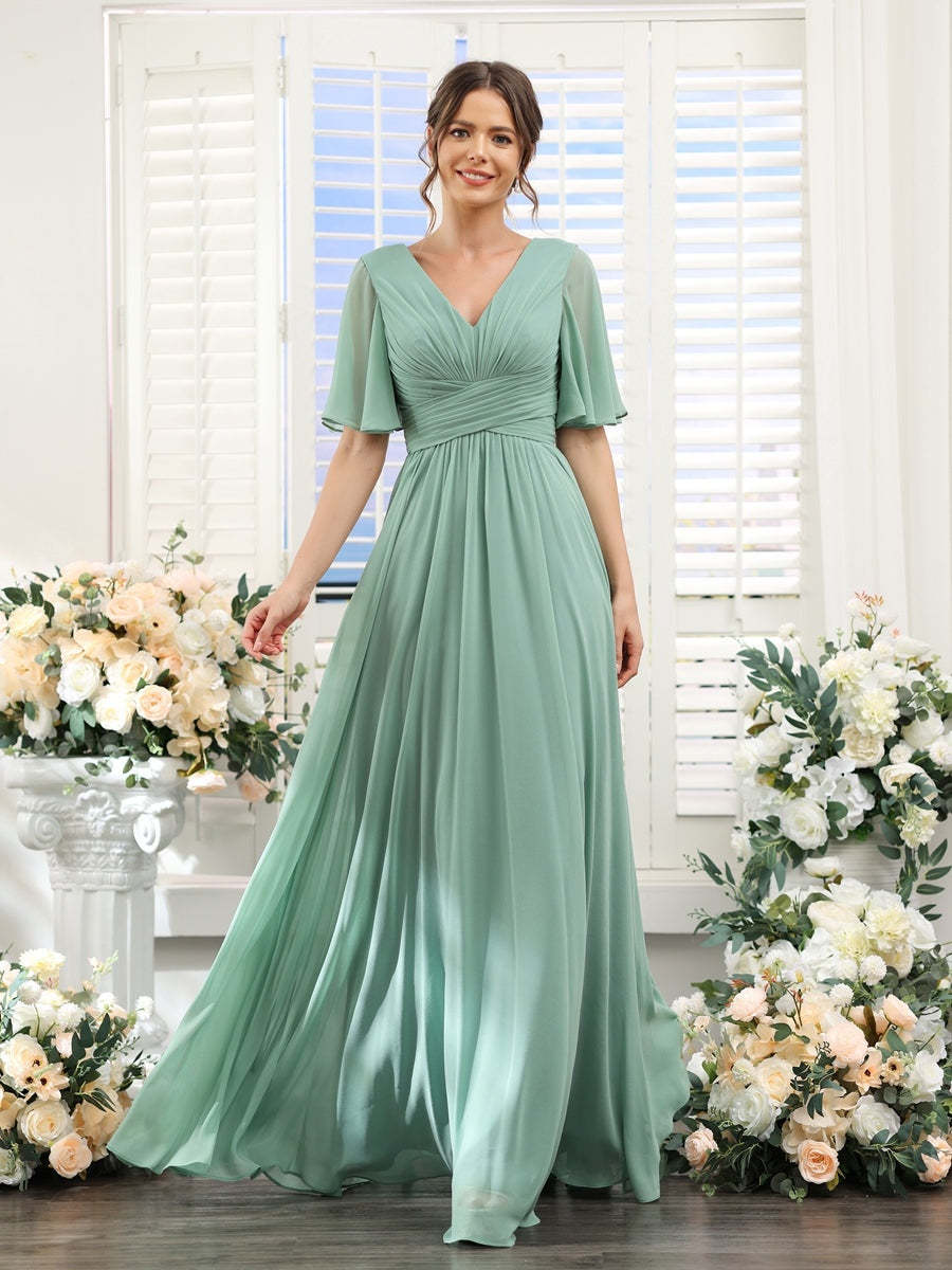 V-Neck A-Line Chiffon Bridesmaid Dress with Half Sleeves, Side Split, and Pockets