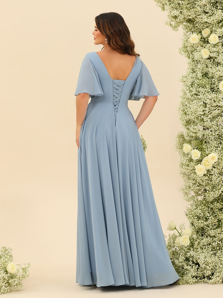 V-Neck A-Line Chiffon Bridesmaid Dress with Half Sleeves, Side Split, and Pockets