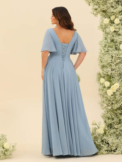 V-Neck A-Line Chiffon Bridesmaid Dress with Half Sleeves, Side Split, and Pockets