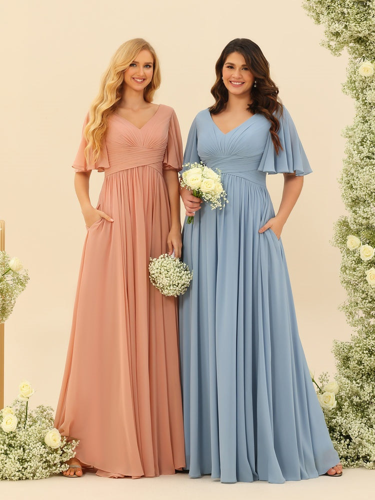 V-Neck A-Line Chiffon Bridesmaid Dress with Half Sleeves, Side Split, and Pockets