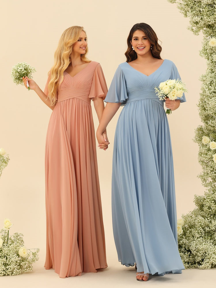 V-Neck A-Line Chiffon Bridesmaid Dress with Half Sleeves, Side Split, and Pockets