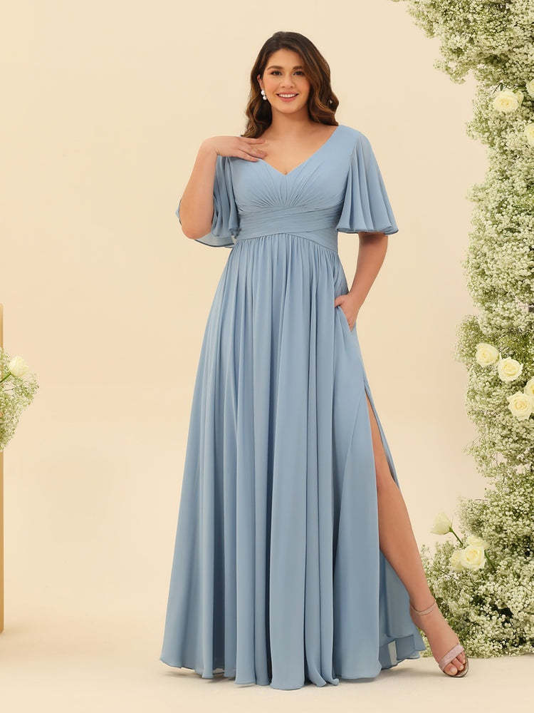 V-Neck A-Line Chiffon Bridesmaid Dress with Half Sleeves, Side Split, and Pockets