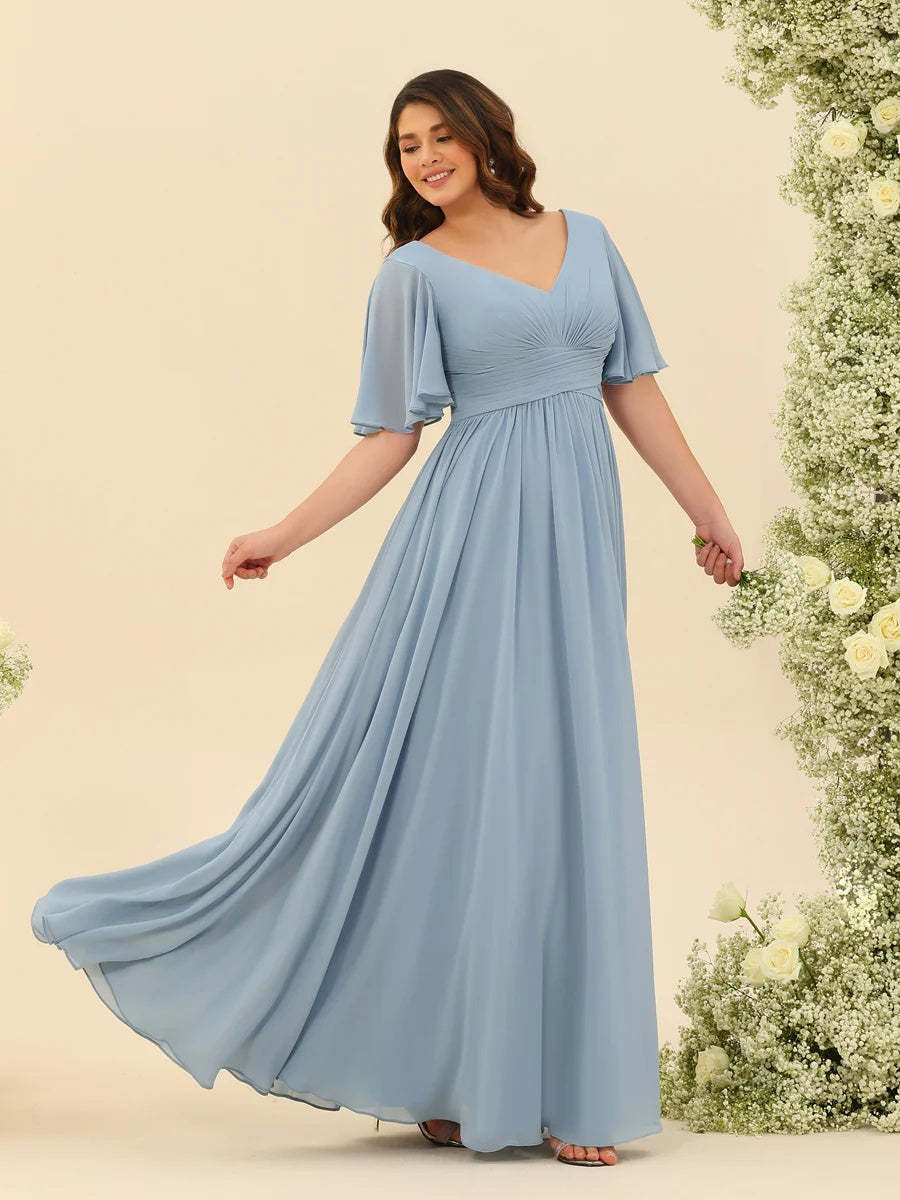 V-Neck A-Line Chiffon Bridesmaid Dress with Half Sleeves, Side Split, and Pockets
