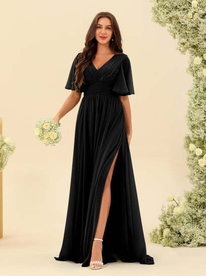 V-Neck A-Line Chiffon Bridesmaid Dress with Half Sleeves, Side Split, and Pockets