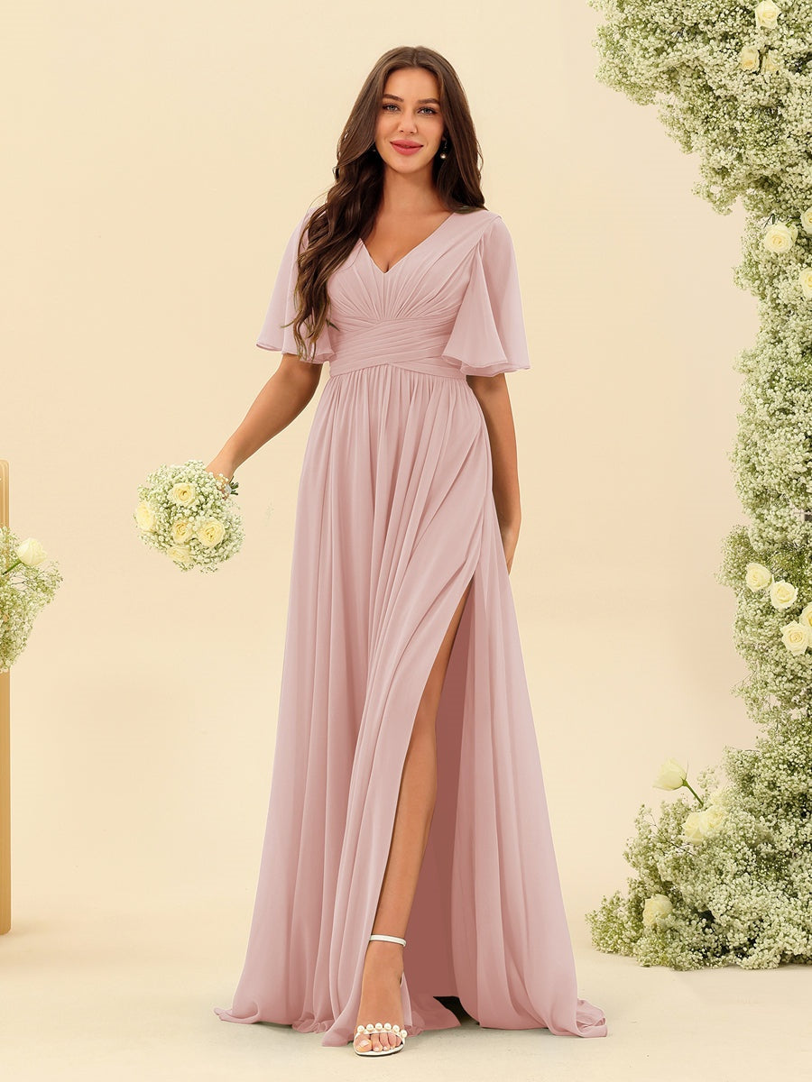 V-Neck A-Line Chiffon Bridesmaid Dress with Half Sleeves, Side Split, and Pockets