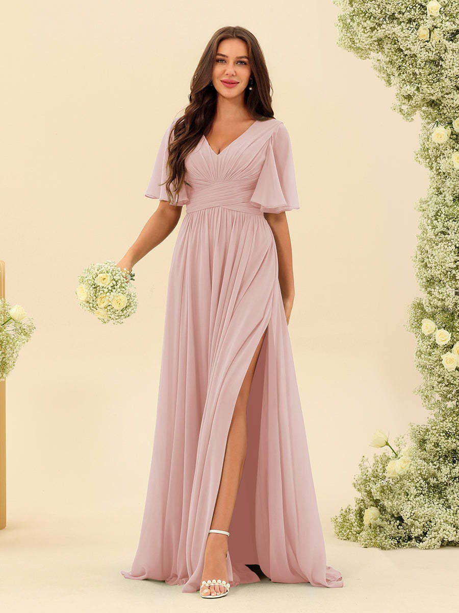 V-Neck A-Line Chiffon Bridesmaid Dress with Half Sleeves, Side Split, and Pockets