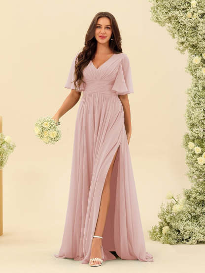 V-Neck A-Line Chiffon Bridesmaid Dress with Half Sleeves, Side Split, and Pockets