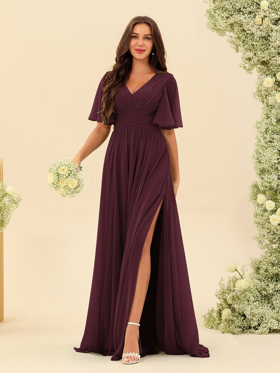 V-Neck A-Line Chiffon Bridesmaid Dress with Half Sleeves, Side Split, and Pockets