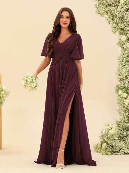 V-Neck A-Line Chiffon Bridesmaid Dress with Half Sleeves, Side Split, and Pockets