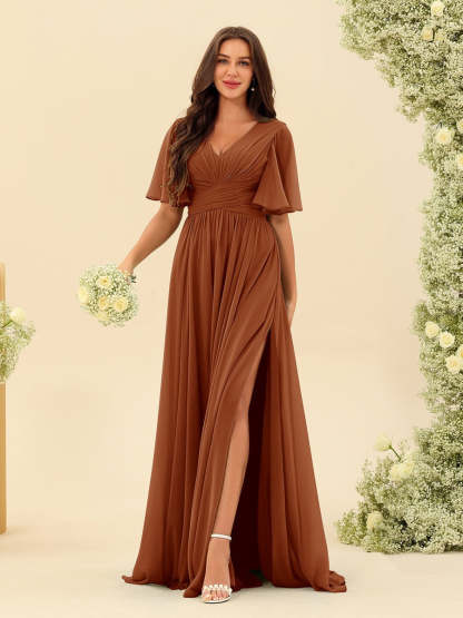 V-Neck A-Line Chiffon Bridesmaid Dress with Half Sleeves, Side Split, and Pockets