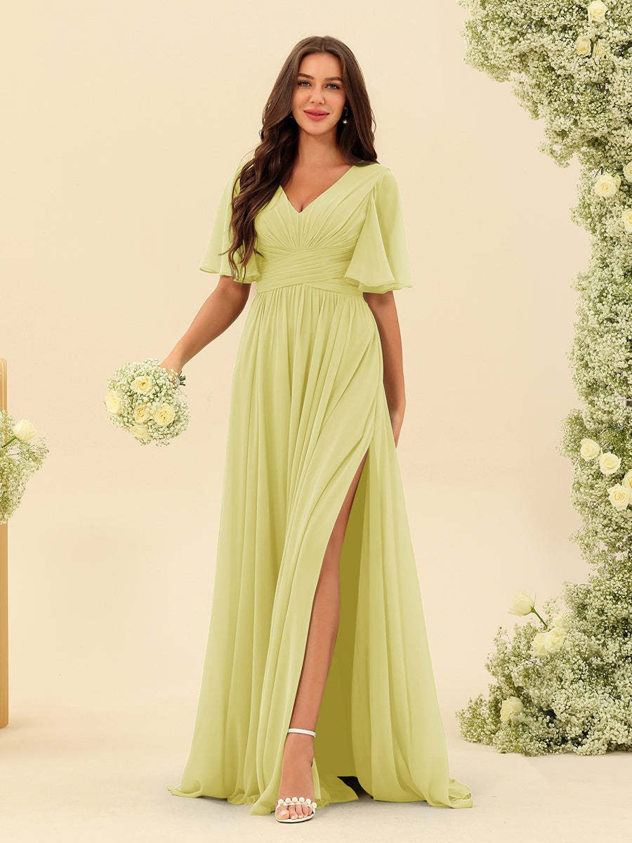 V-Neck A-Line Chiffon Bridesmaid Dress with Half Sleeves, Side Split, and Pockets