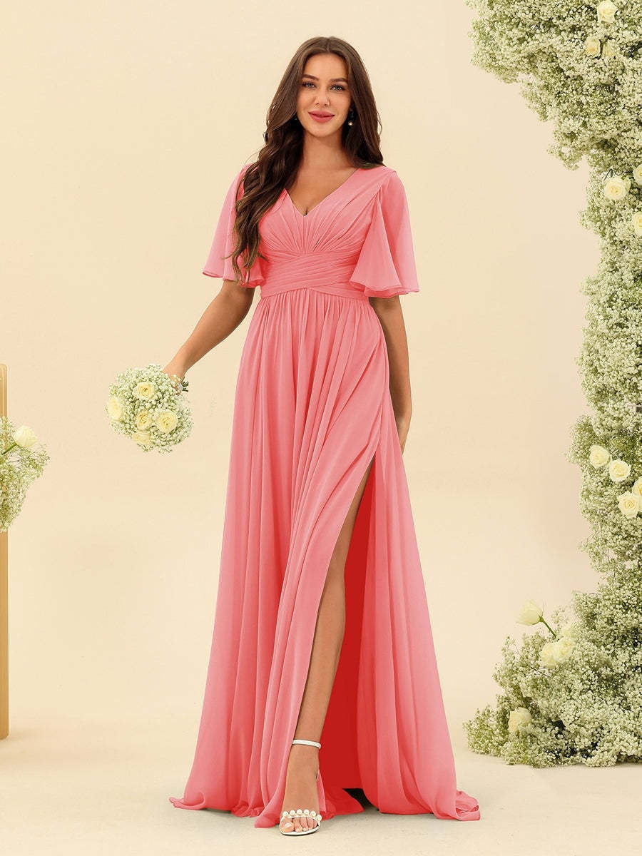 V-Neck A-Line Chiffon Bridesmaid Dress with Half Sleeves, Side Split, and Pockets