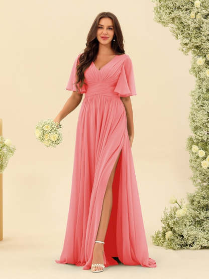 V-Neck A-Line Chiffon Bridesmaid Dress with Half Sleeves, Side Split, and Pockets