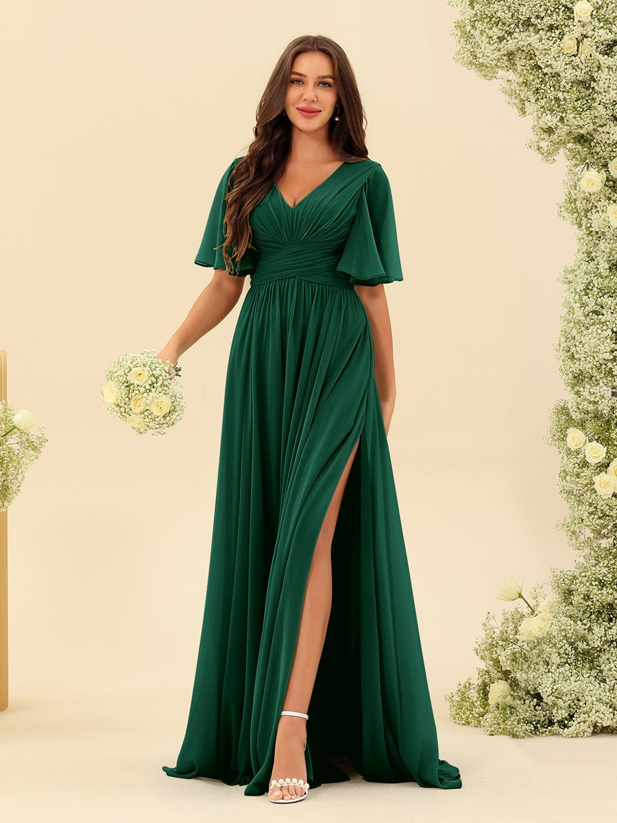 V-Neck A-Line Chiffon Bridesmaid Dress with Half Sleeves, Side Split, and Pockets