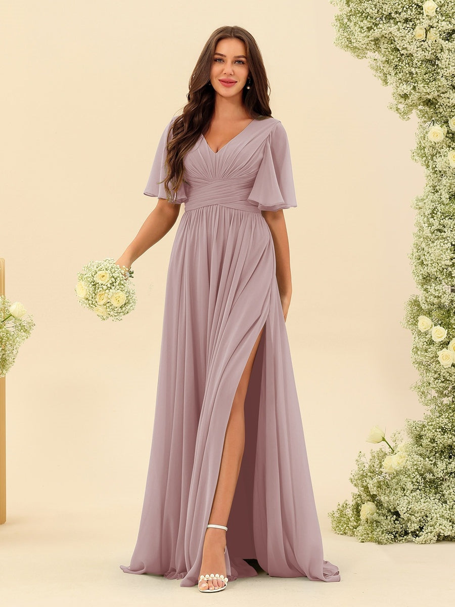 V-Neck A-Line Chiffon Bridesmaid Dress with Half Sleeves, Side Split, and Pockets