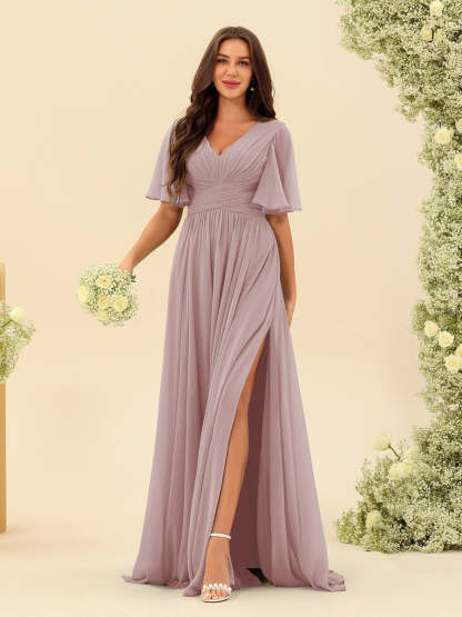 V-Neck A-Line Chiffon Bridesmaid Dress with Half Sleeves, Side Split, and Pockets