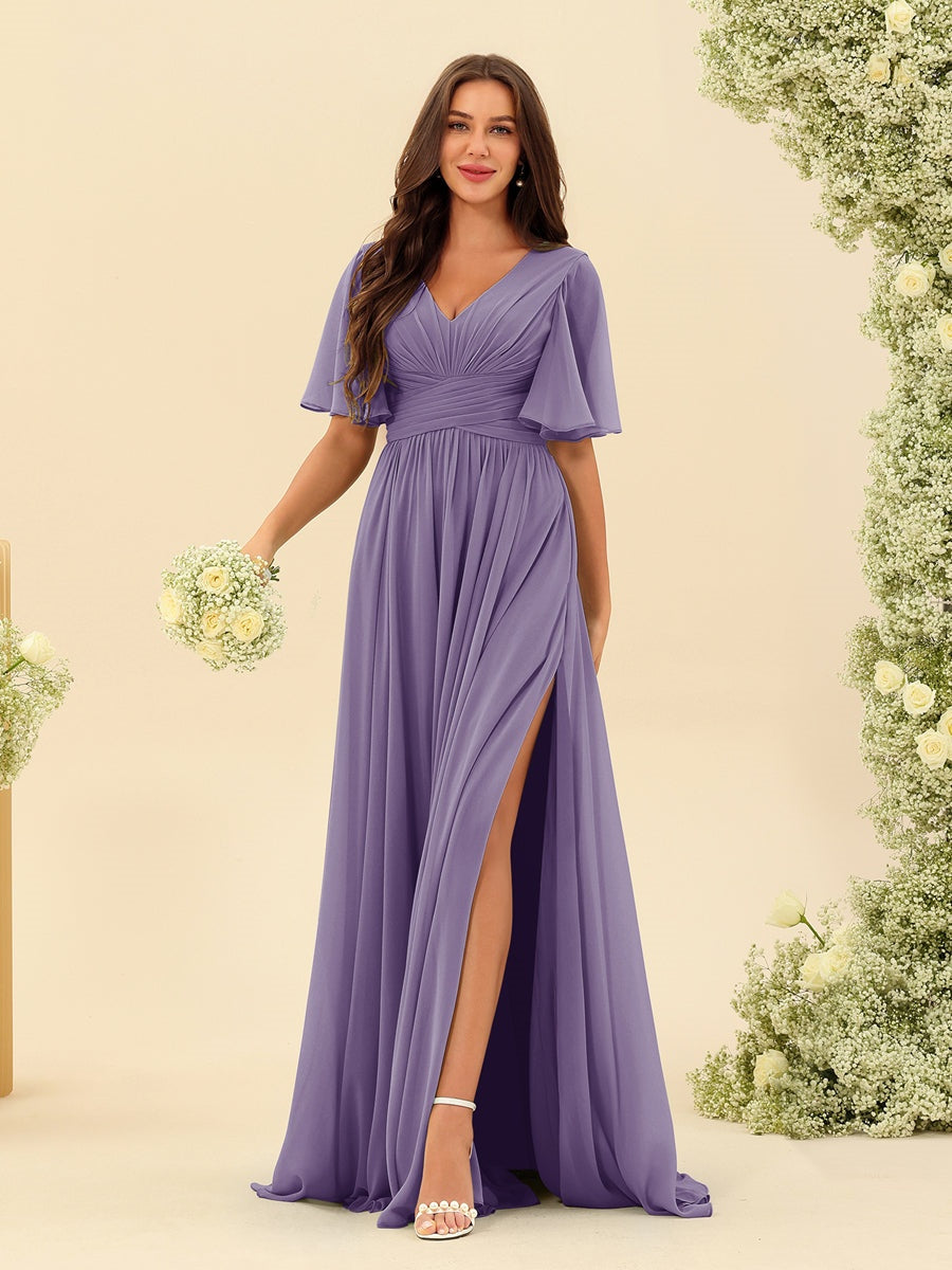 V-Neck A-Line Chiffon Bridesmaid Dress with Half Sleeves, Side Split, and Pockets