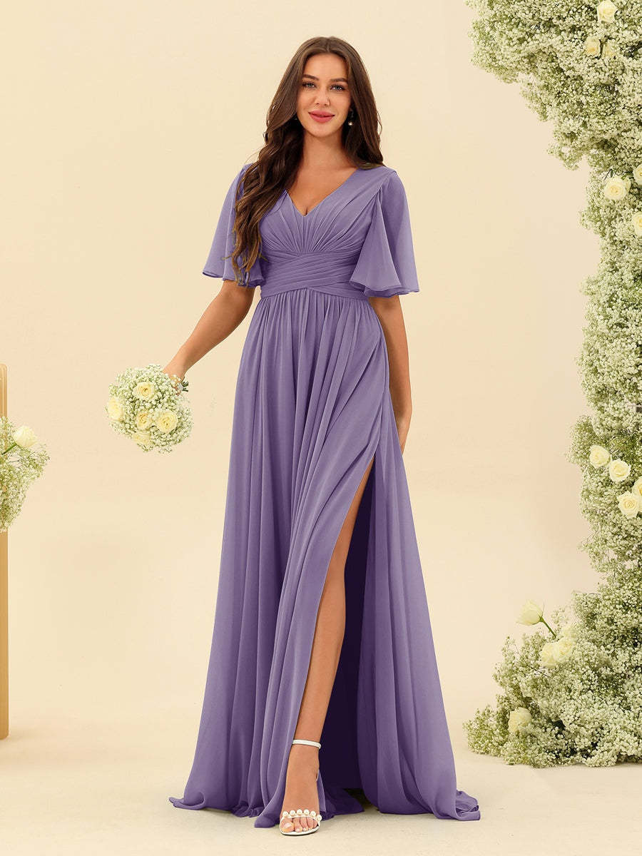V-Neck A-Line Chiffon Bridesmaid Dress with Half Sleeves, Side Split, and Pockets