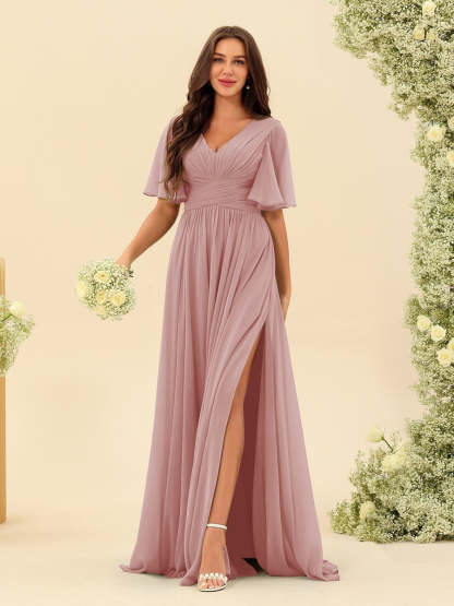 V-Neck A-Line Chiffon Bridesmaid Dress with Half Sleeves, Side Split, and Pockets