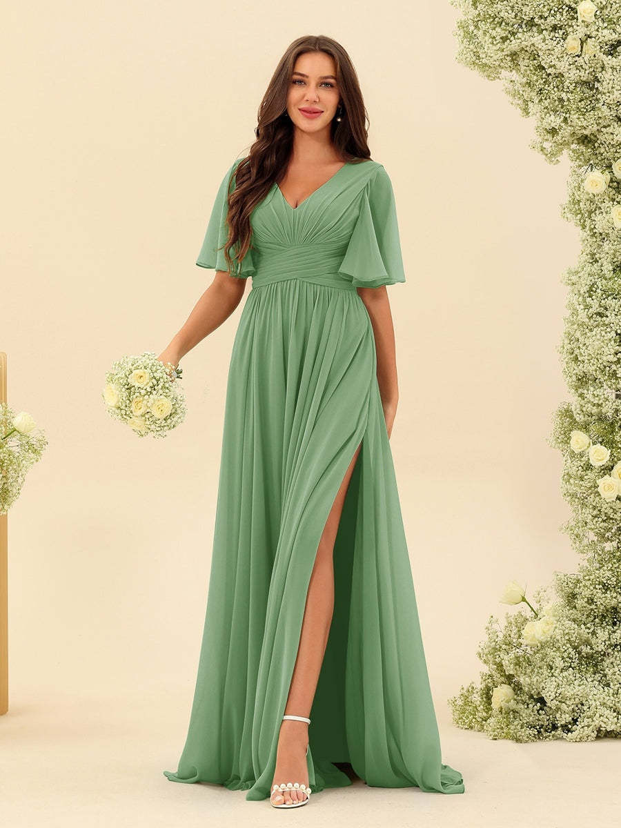 V-Neck A-Line Chiffon Bridesmaid Dress with Half Sleeves, Side Split, and Pockets
