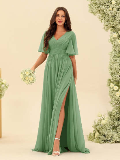 V-Neck A-Line Chiffon Bridesmaid Dress with Half Sleeves, Side Split, and Pockets