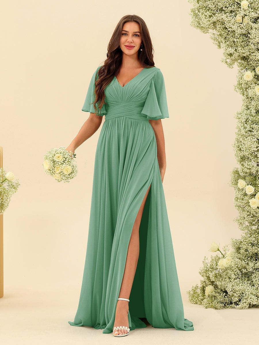 V-Neck A-Line Chiffon Bridesmaid Dress with Half Sleeves, Side Split, and Pockets