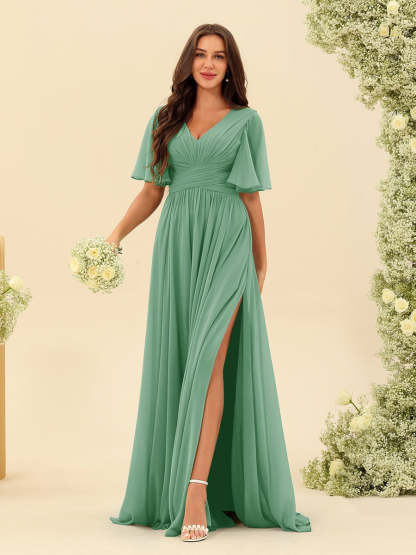 V-Neck A-Line Chiffon Bridesmaid Dress with Half Sleeves, Side Split, and Pockets