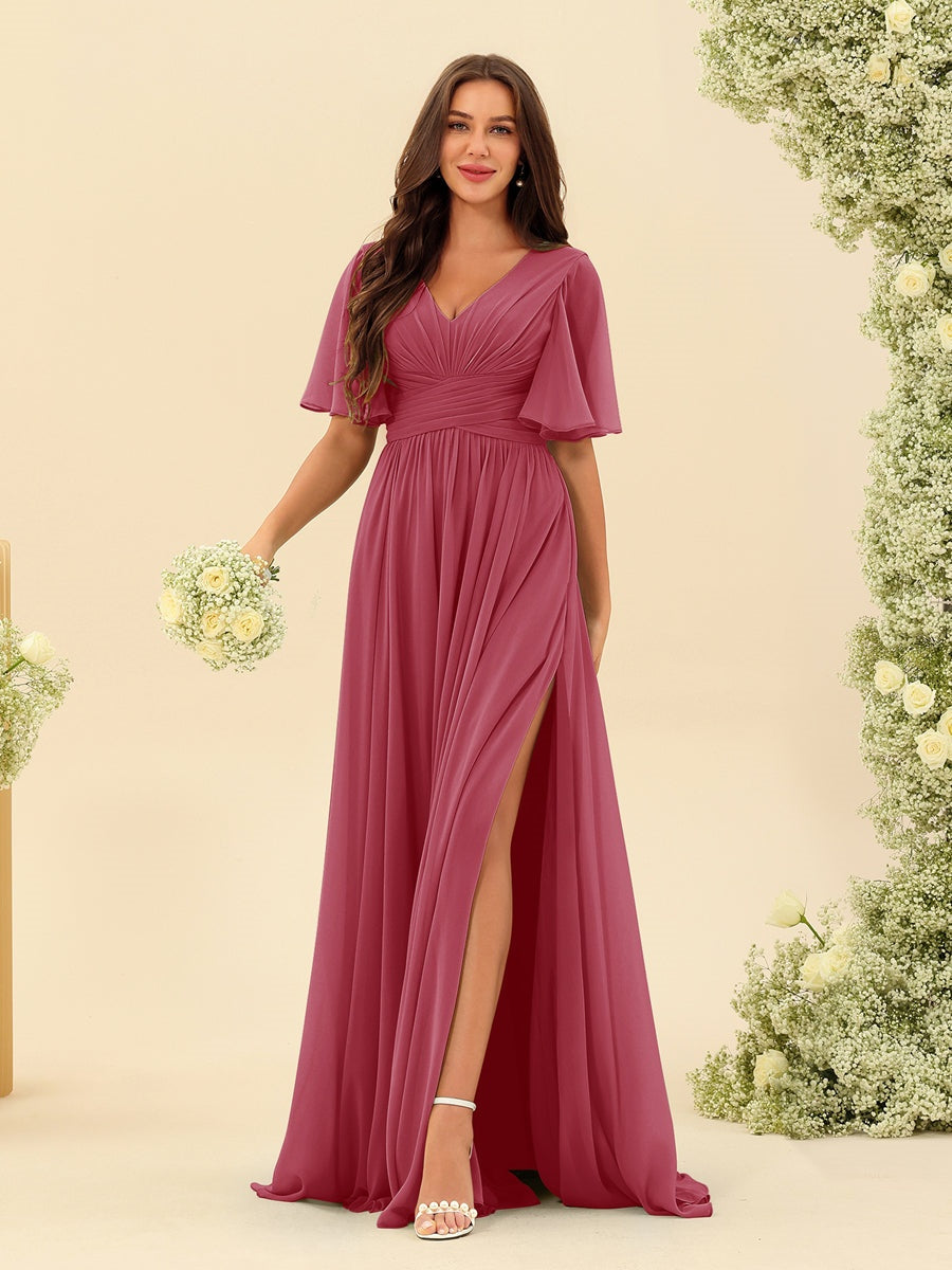 V-Neck A-Line Chiffon Bridesmaid Dress with Half Sleeves, Side Split, and Pockets