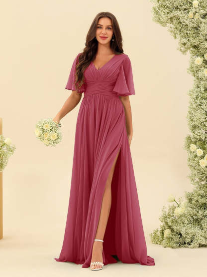 V-Neck A-Line Chiffon Bridesmaid Dress with Half Sleeves, Side Split, and Pockets