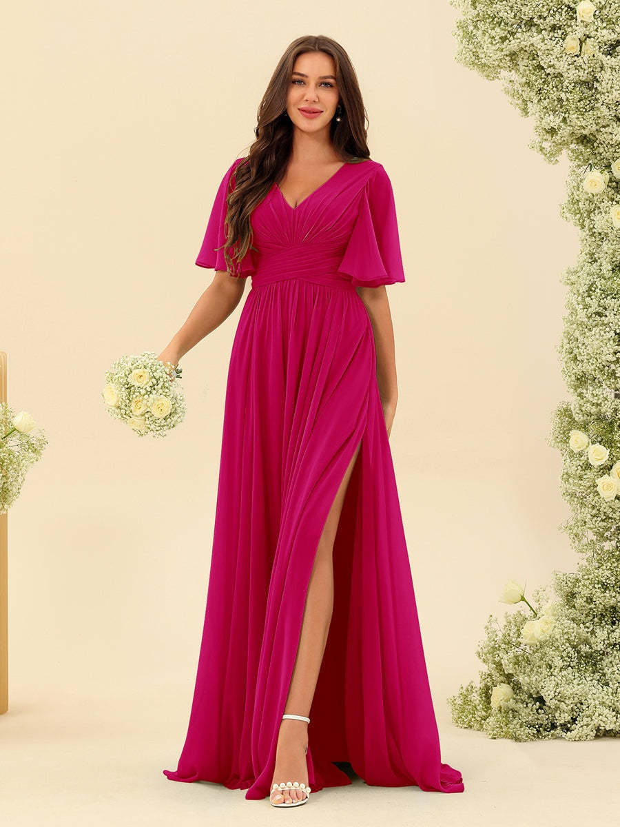 V-Neck A-Line Chiffon Bridesmaid Dress with Half Sleeves, Side Split, and Pockets