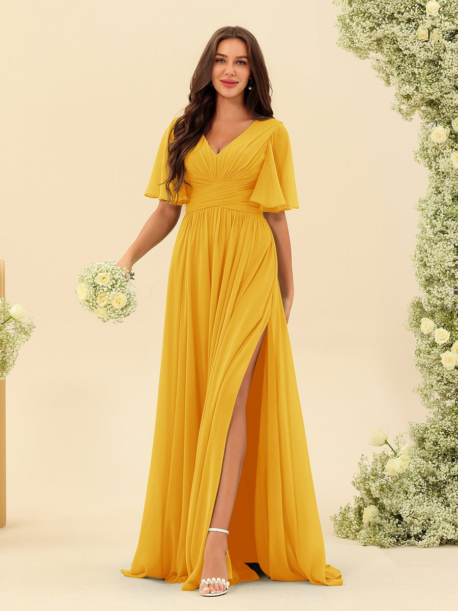 V-Neck A-Line Chiffon Bridesmaid Dress with Half Sleeves, Side Split, and Pockets