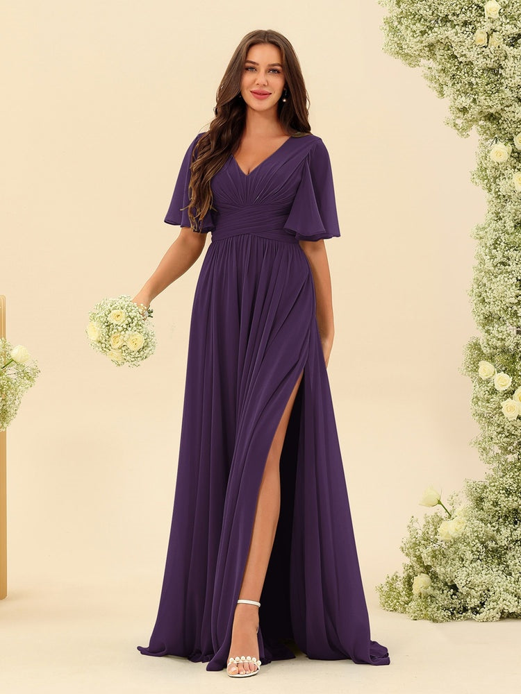 V-Neck A-Line Chiffon Bridesmaid Dress with Half Sleeves, Side Split, and Pockets