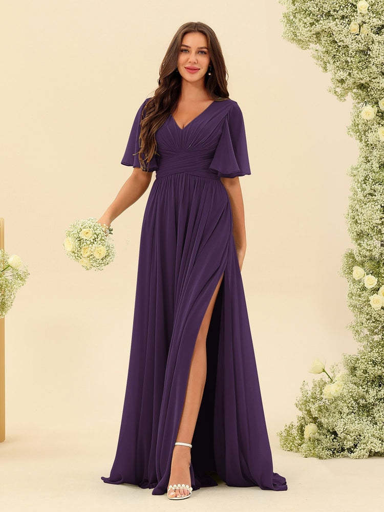 V-Neck A-Line Chiffon Bridesmaid Dress with Half Sleeves, Side Split, and Pockets