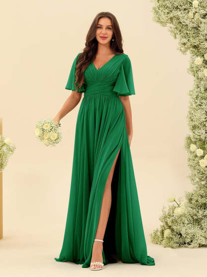 V-Neck A-Line Chiffon Bridesmaid Dress with Half Sleeves, Side Split, and Pockets