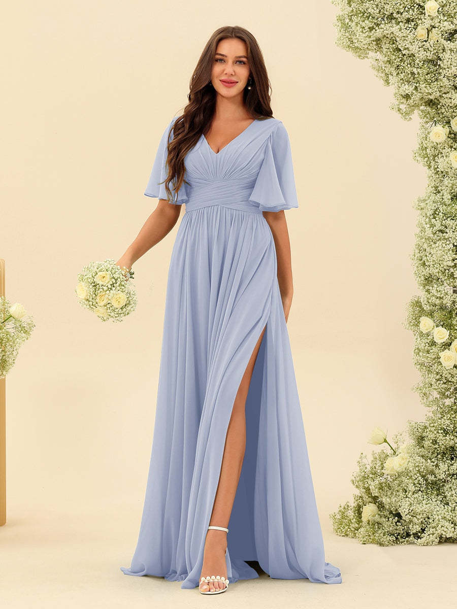 V-Neck A-Line Chiffon Bridesmaid Dress with Half Sleeves, Side Split, and Pockets