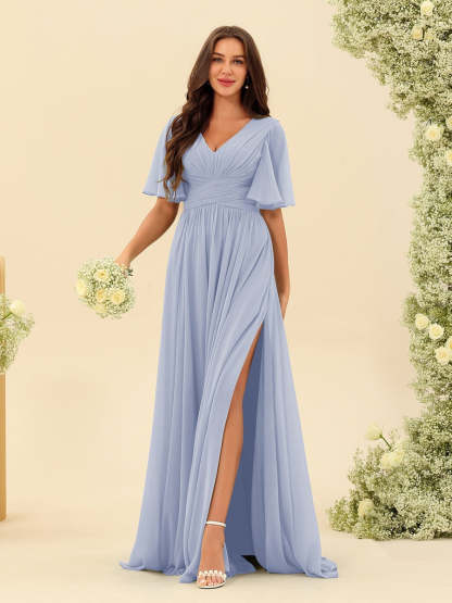 V-Neck A-Line Chiffon Bridesmaid Dress with Half Sleeves, Side Split, and Pockets