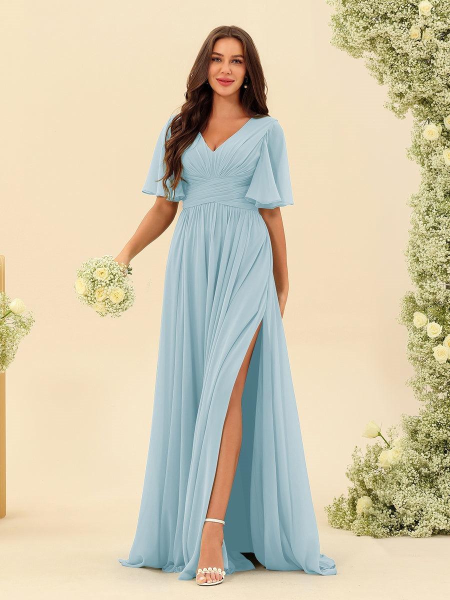 V-Neck A-Line Chiffon Bridesmaid Dress with Half Sleeves, Side Split, and Pockets
