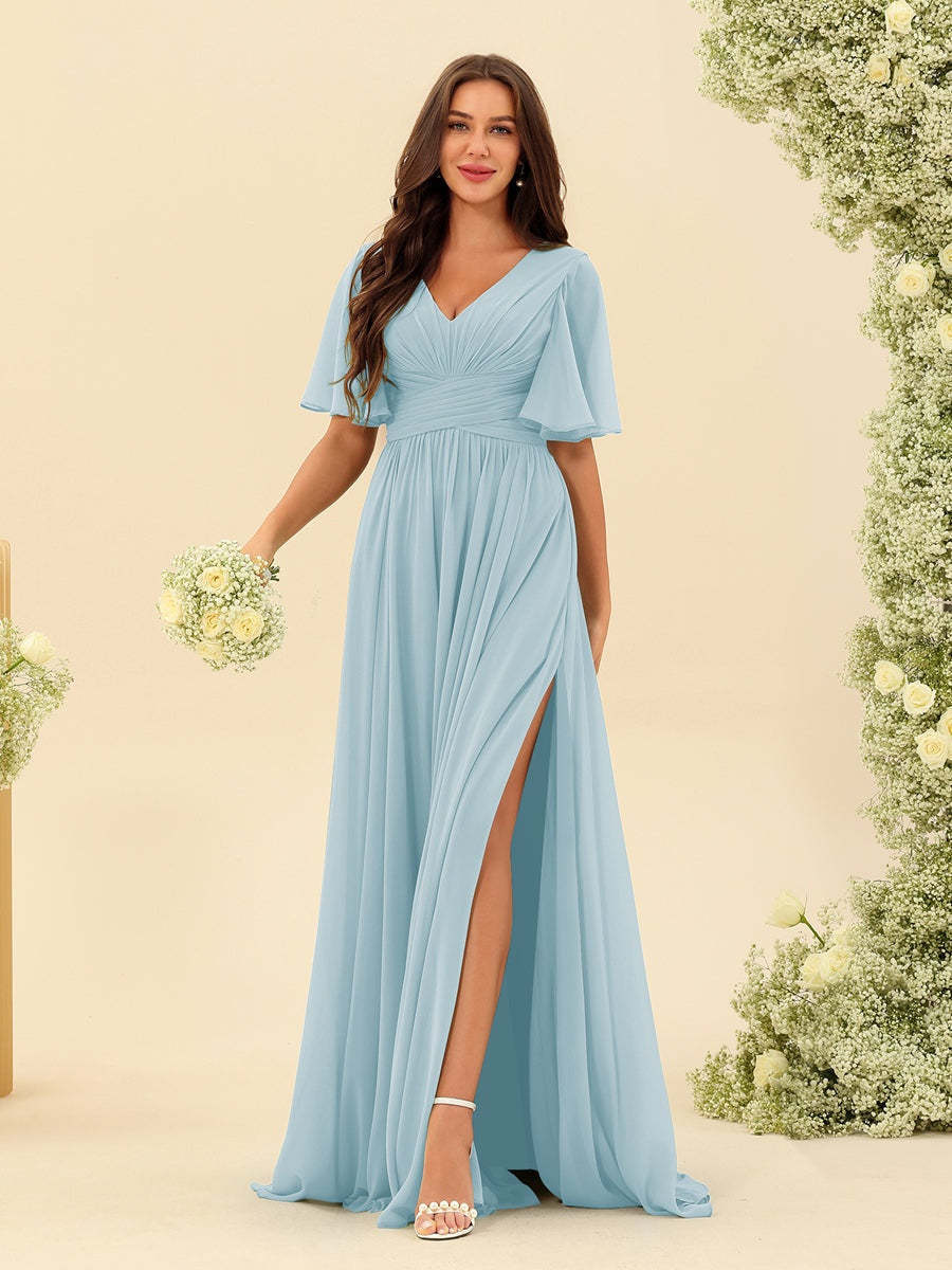 V-Neck A-Line Chiffon Bridesmaid Dress with Half Sleeves, Side Split, and Pockets