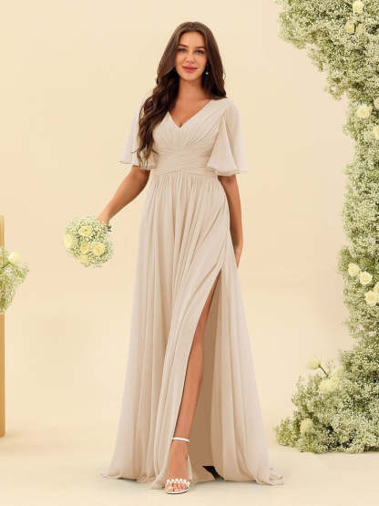 V-Neck A-Line Chiffon Bridesmaid Dress with Half Sleeves, Side Split, and Pockets