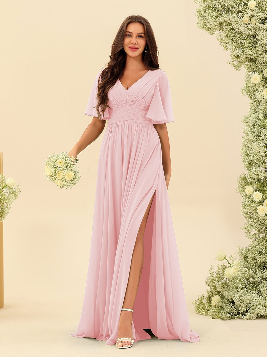 V-Neck A-Line Chiffon Bridesmaid Dress with Half Sleeves, Side Split, and Pockets